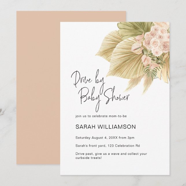Invitation Conduite Par Boho Floral Pampas Palm Blush Baby sh (Devant / Derrière)