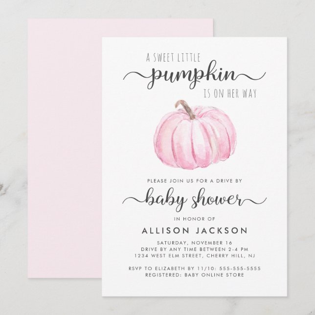 Invitation Conduite Par Citrouille Rose Aquarelle Bébé Fille  (Devant / Derrière)