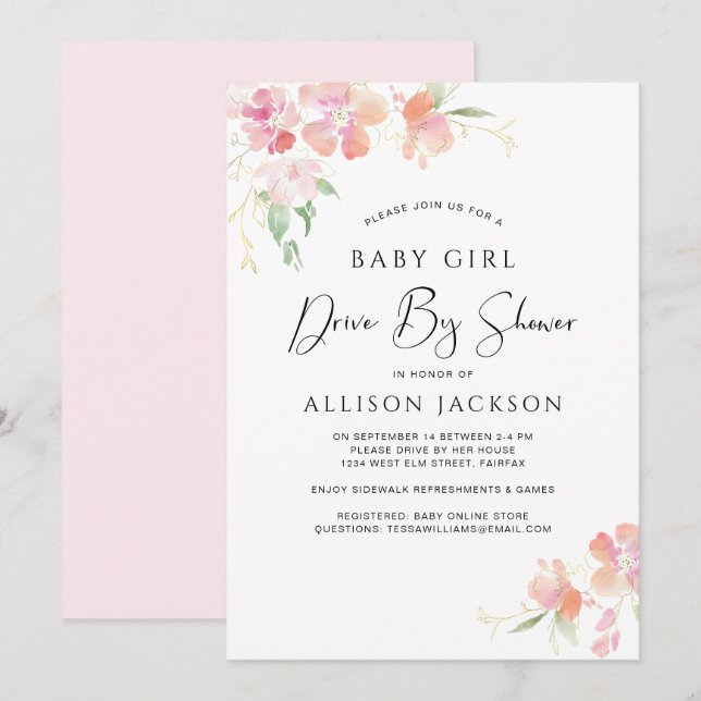 Invitation Conduite Par Floral Rose Aquarelle Bébé Fille Douc (Devant / Derrière)