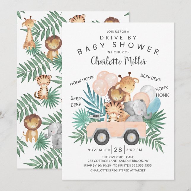 Invitation Conduite Par Jungle Animals Baby shower Filles (Devant / Derrière)