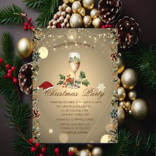 Invitation Cônes de pin,Branches,Chapeau de Père Noël Champag
