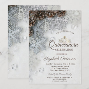Invitation Cônes de pin,flocons de neige,Tiara, Quinceañera 