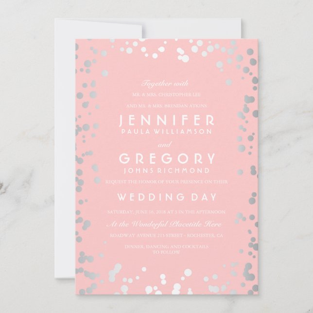 Invitation Confetti Argent Rose Moderne et élégant mariage (Devant)