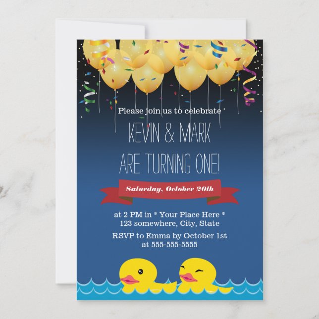 Invitation Confetti & Ballons & Canards Twins Anniversaire (Devant)