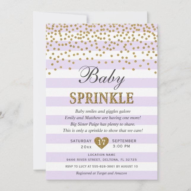 Invitation Confetti Bébé Fille Lavande Rayure Dorée Sprinkle (Devant)