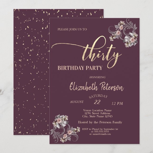 Invitation Confetti Bourgogne Floral 30e fête d'anniversaire (Devant / Derrière)