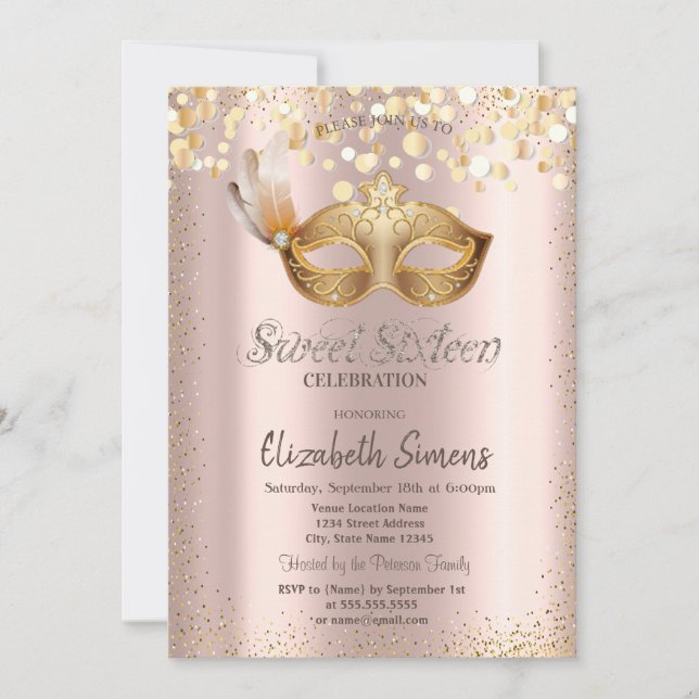 Invitation Confetti Chic Masque Rose Gold Sweet 16 (Devant)
