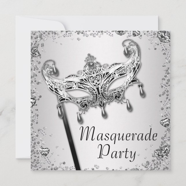 Invitation Confetti d'argent Black White Masquerade Party (Devant)