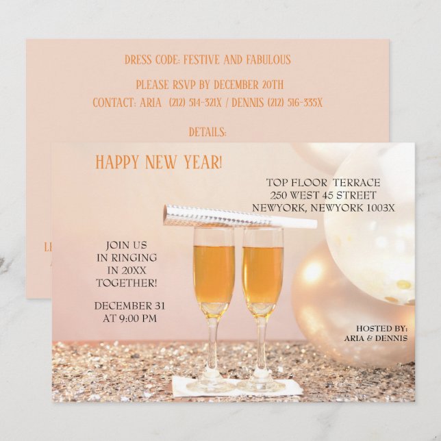 Invitation Confetti d'argent Flutes de champagne du Nouvel An (Devant / Derrière)