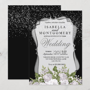 Invitation Confetti d'argent, Mariage floral noir et blanc