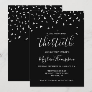Invitation Confetti d'argent sur Black 30th Birthday Party
