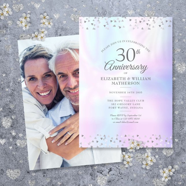 Invitation Confetti de Cœurs de Perle pour le 30e Anniversair (30th Anniversary Photo Pearl Hearts Confetti Invitation)