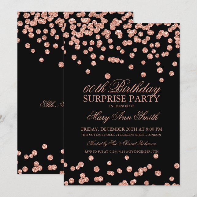 Invitation Confetti de la Parties scintillant d'or Rose surpr (Devant / Derrière)
