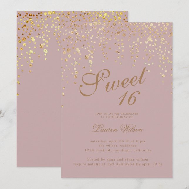 Invitation confetti de parties scintillant d'or sur sweet six (Devant / Derrière)