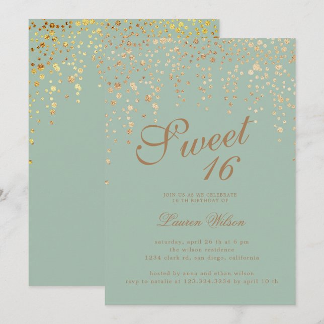 Invitation confetti de parties scintillant d'or sur sweet six (Devant / Derrière)
