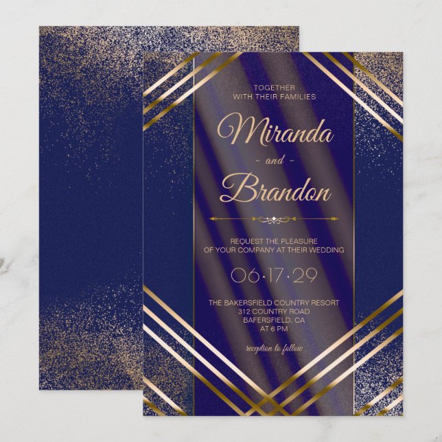 Invitation Confetti d'or chic moderne Mariage bleu marine (Devant / Derrière)