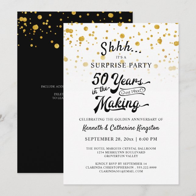 Invitation Confetti d'or du Surprise Party du 50e anniversair (Devant / Derrière)