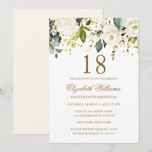 Invitation Confetti d'or floral blanc 18e anniversaire (Devant / Derrière)