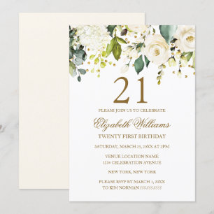 Invitation Confetti d'or floral blanc 21e anniversaire