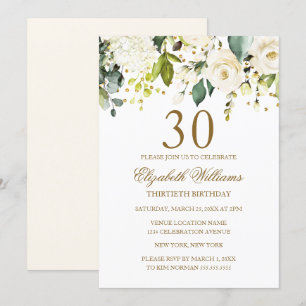 Invitation Confetti d'or floral blanc 30e anniversaire
