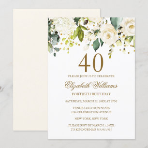 Invitation Confetti d'or floral blanc 40e anniversaire