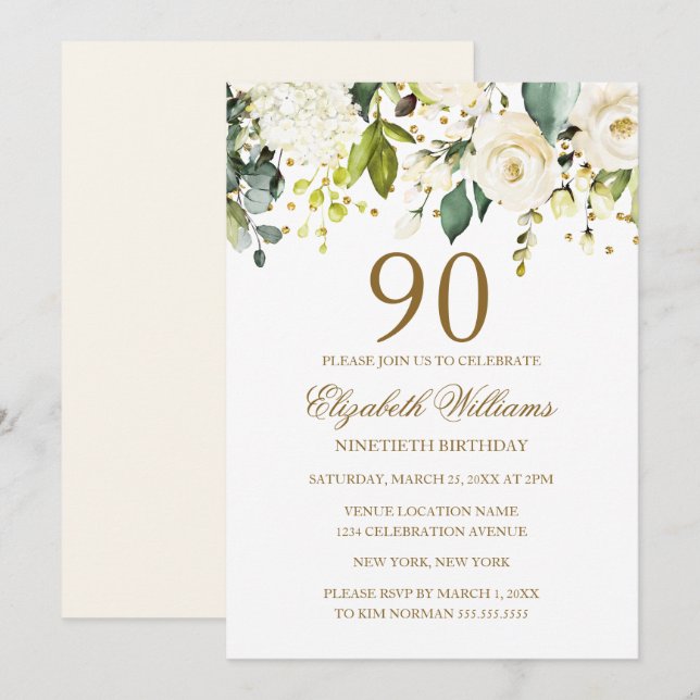 Invitation Confetti d'or floral blanc 90e anniversaire (Devant / Derrière)