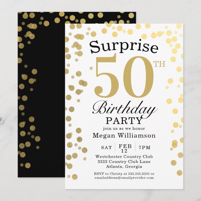 Invitation Confetti d'or moderne Black Surprise 50e anniversa (Devant / Derrière)