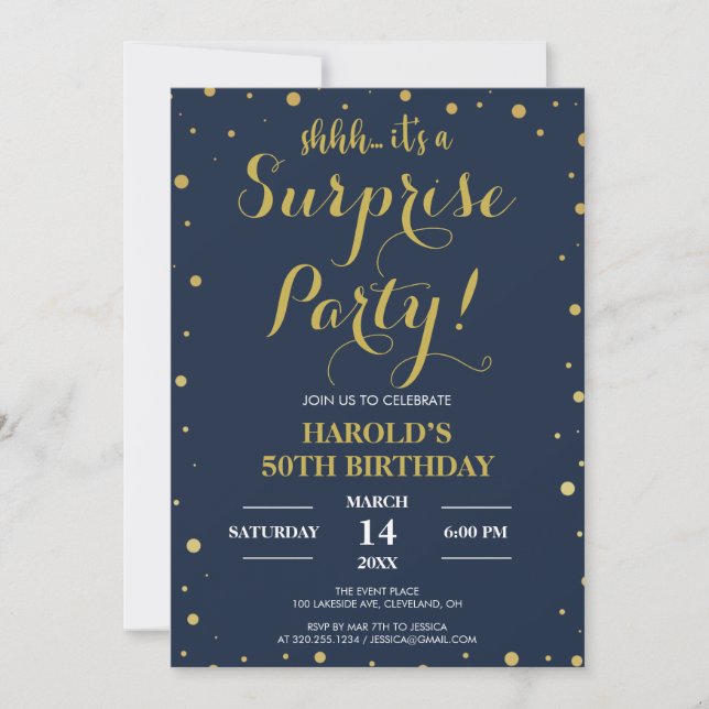 Invitation Confetti d'or moderne Marine 50e Anniversaire surp (Devant)
