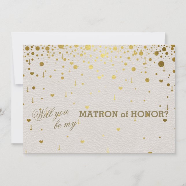 Invitation Confetti d'or moderne Matron d'honneur en cuir bla (Devant)