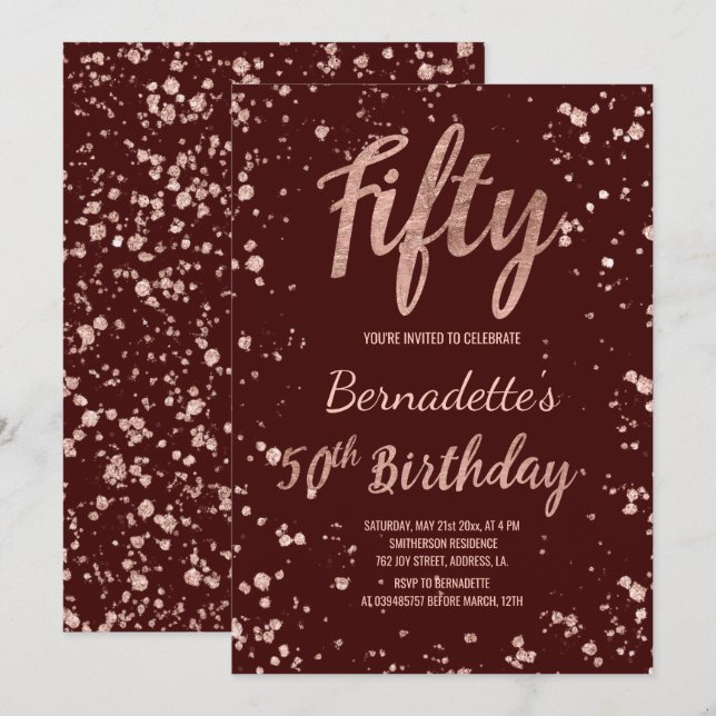 Invitation confetti d'or rose bordeaux rouge 50e anniversaire (Devant / Derrière)