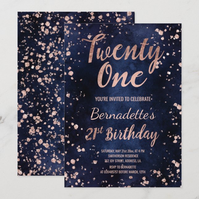 Invitation confetti d'or rose marine bleu chic 21e anniversai (Devant / Derrière)