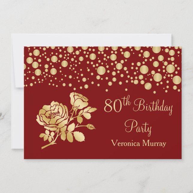 Invitation Confetti d'or, rose sur rouge 80e anniversaire (Devant)
