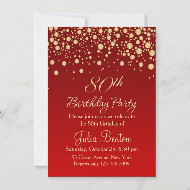 Invitation Confetti d'or sur rouge 80e anniversaire Invitatio (Devant)