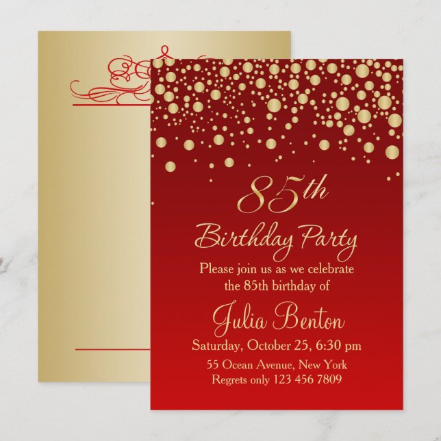 Invitation Confetti d'or sur rouge 85ème anniversaire Invitat (Devant / Derrière)