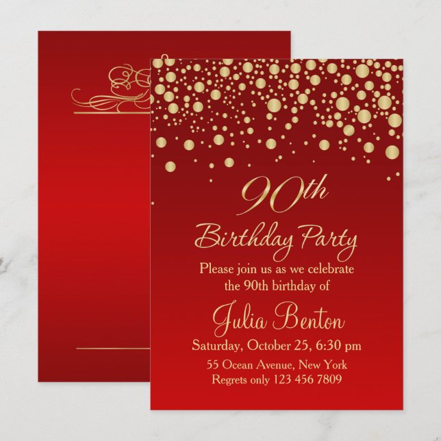 Invitation Confetti d'or sur rouge 90ème anniversaire Invitat (Devant / Derrière)