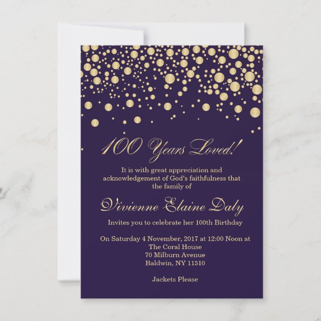 Invitation Confetti d'or sur violet 100 fête d'anniversaire (Devant)