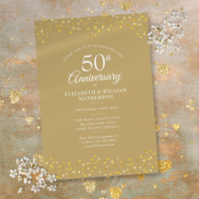 Invitation Confetti du 50e anniversaire du Mariage (50th Wedding Anniversary Golden Hearts Confetti Invitation)