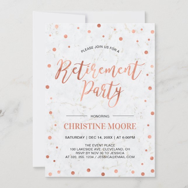 Invitation Confetti en cuivre et marbre | Parti de la retrait (Devant)