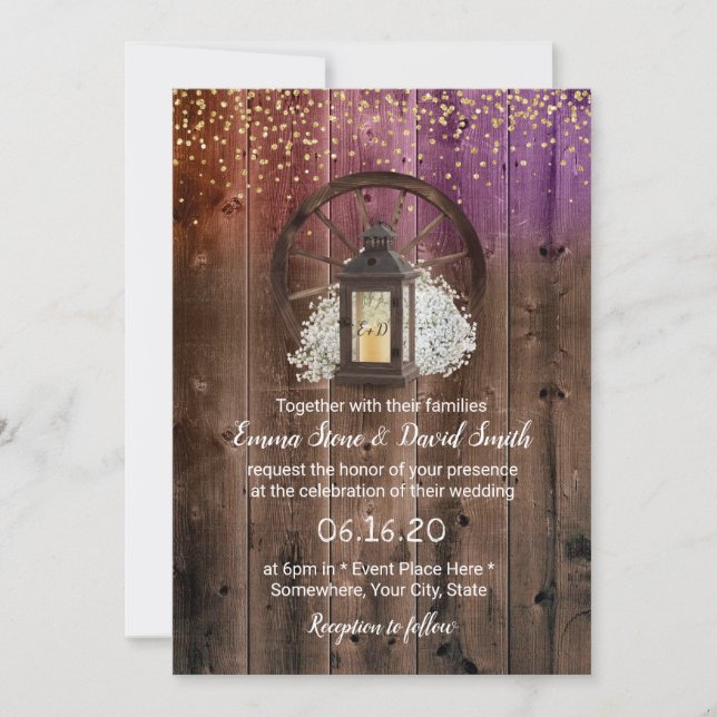 Invitation Confetti en or de Lanterne Rustique Mariage de Gra (Devant)