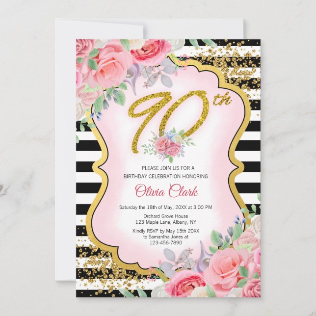 Invitation Confetti en or noir et blanc Floral 90e anniversai (Devant)