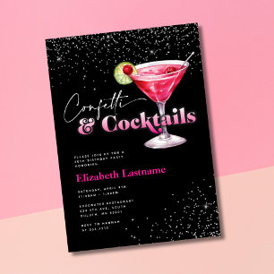 Invitation Confetti et cocktails noirs roses Anniversaire