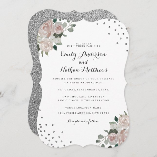 Invitation Confetti floral d'argent clair (Devant / Derrière)