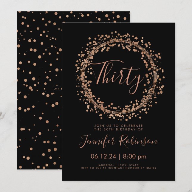 Invitation Confetti Gold Black Rose de la fête du 30e anniver (Devant / Derrière)
