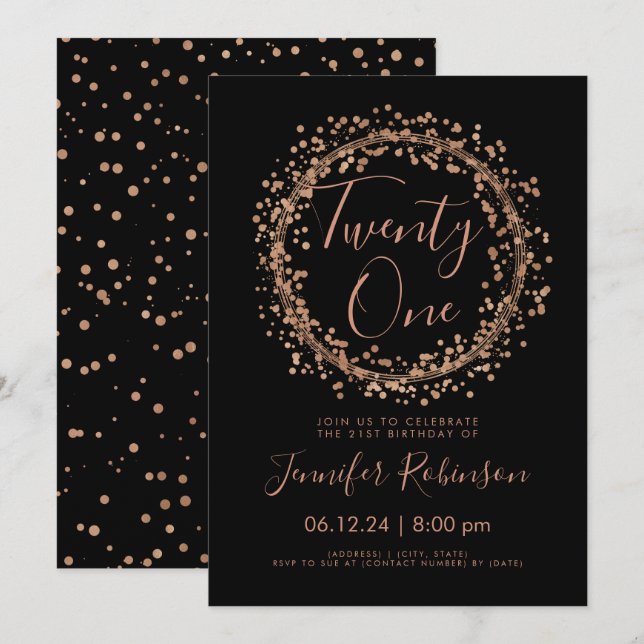 Invitation Confetti Gold Black Rose du 21e anniversaire (Devant / Derrière)