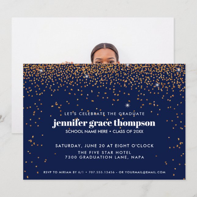 Invitation Confetti Gold et Blue Photo Graduation Party (Devant / Derrière)