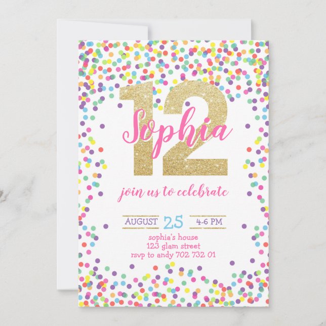 Invitation Confetti Gold Number Girl 12e anniversaire (Devant)