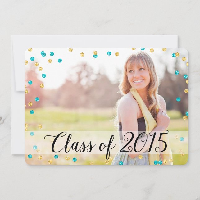 Invitation Confetti Gold Turquoise Blue Photo 2015 Graduation (Devant)