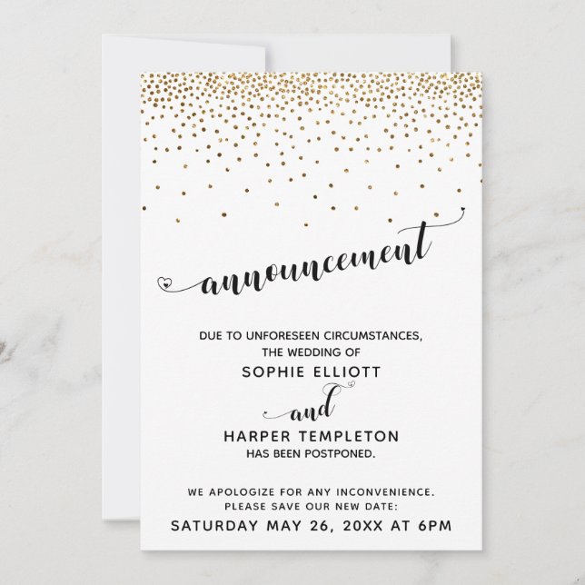 Invitation Confetti Mariage Gold reportée & Coeurs Script (Devant)