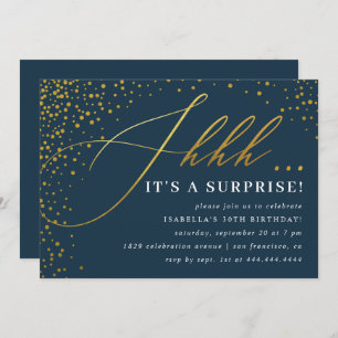 Invitation Confetti Marine & Gold Script Surprise Party