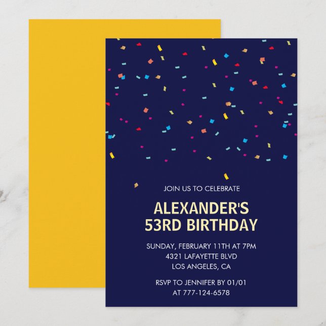 Invitation Confetti moderne bleu marine Hommes 53e anniversai (Devant / Derrière)